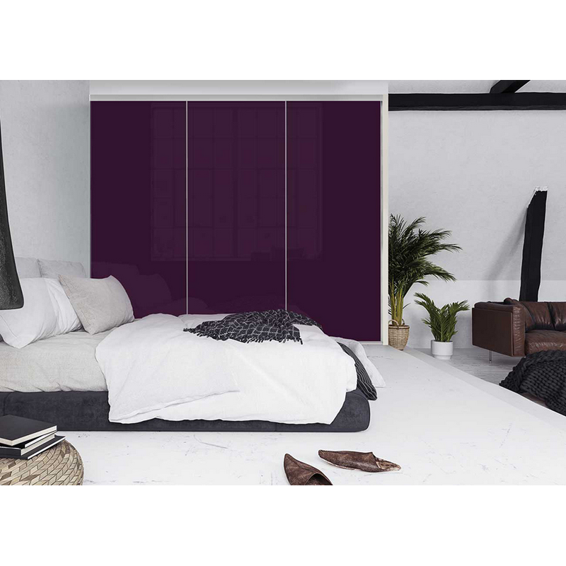 Cézame argent mat, 3 vantaux vitre laquée prune, poignée cézame light