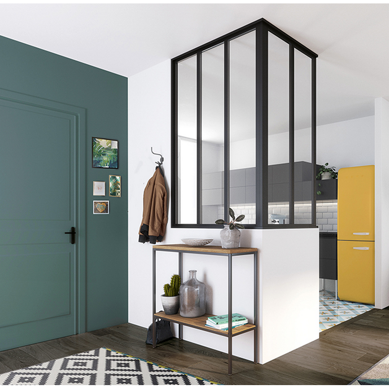 Verrière d'angle fixe L sur-mesure et sur muret, profil noir mat et vitre feuilletée claire