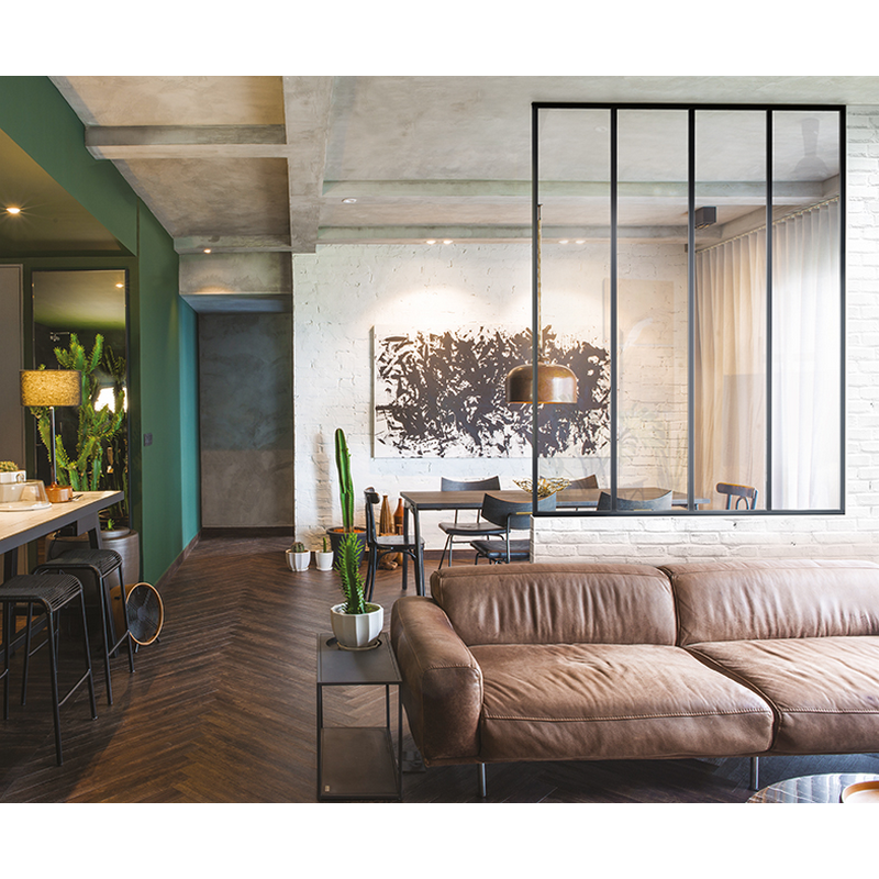 Verrière profil S sur-mesure, 4 partitions, profil noir mat et vitre feuilletée claire