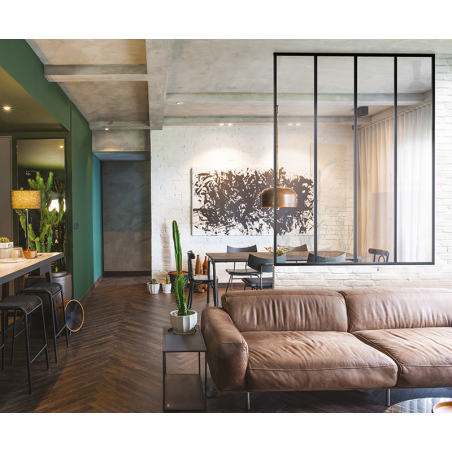 Verrière profil S sur-mesure, 4 partitions, profil noir mat et vitre feuilletée claire