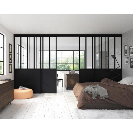 Verrière coulissante Cristal altitude noir mat, modèle Duo, 3 montants, décor noir et vitre feuilletée claire