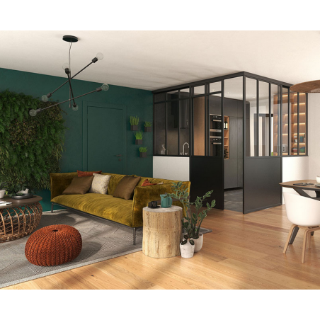 Verrière Loft Fixe profil L noir mat sur muret et portes coulissantes Loft duo profil Cristal noir mat, vitre feuilletée claire